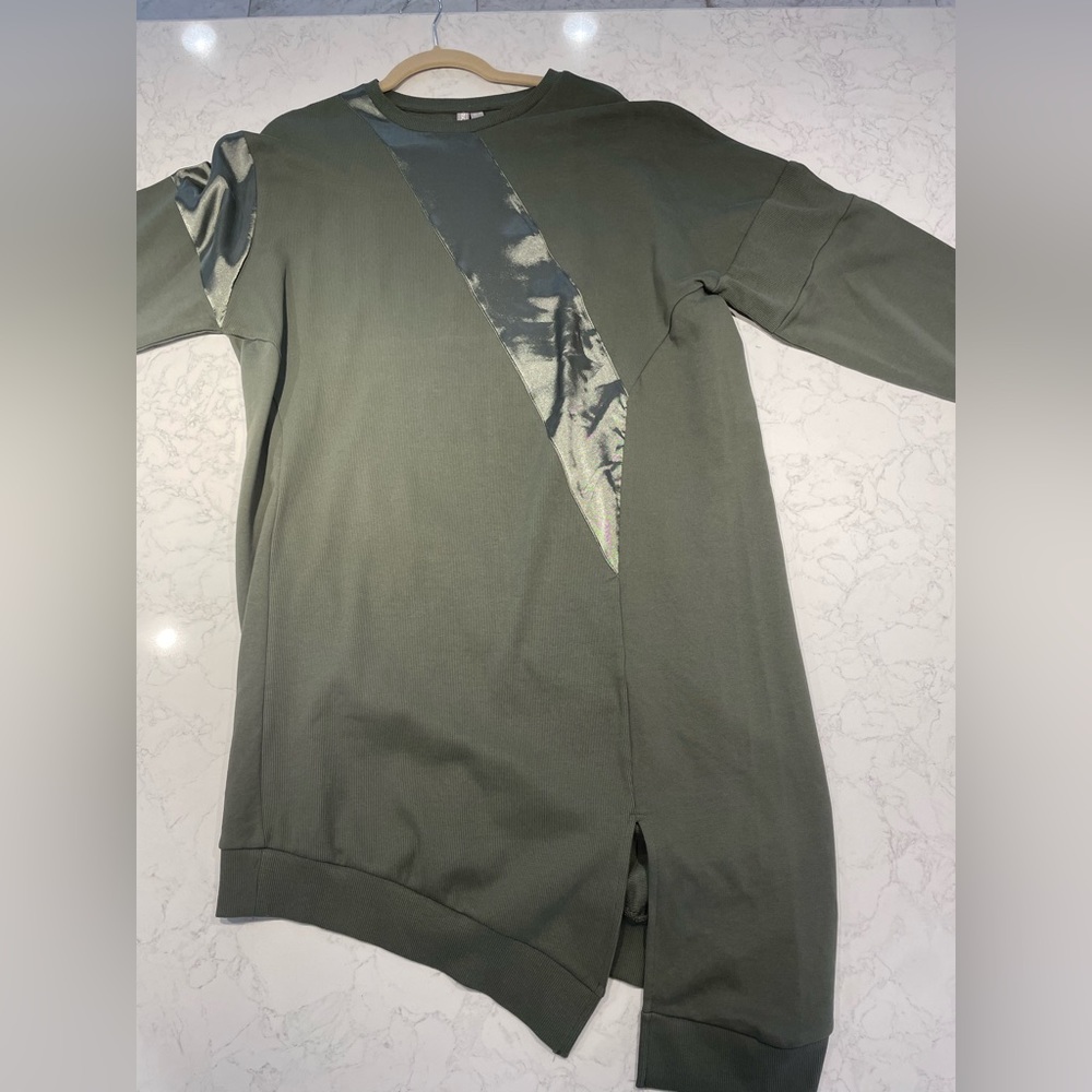 ASOS DESIGN oversized patchwork sweat dress with asymmetric hem